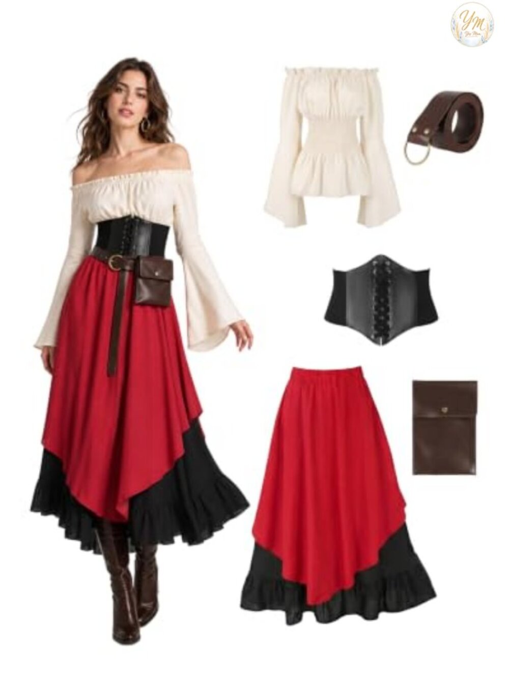 Renaissance Costume Women Medieval Victorian Dress PU Leather Belt Pouch